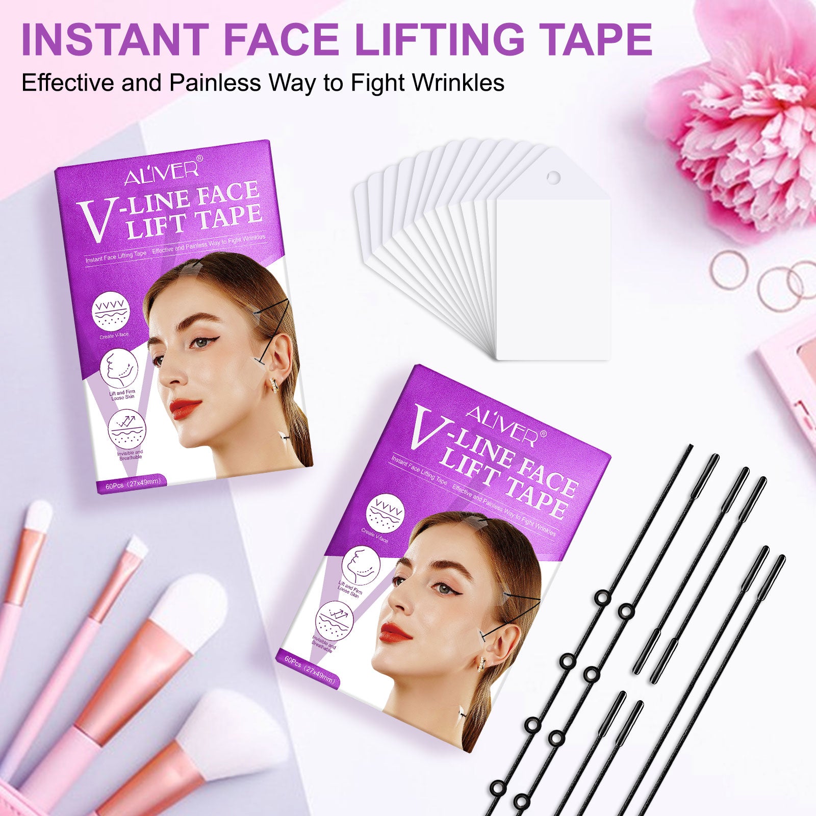 Face Tape Lifting Invisible, 60pcs Face Lift Tape For Face Invisible With 8  Adjustable Bands, Instant Neck Facial Lifting Tape With String For